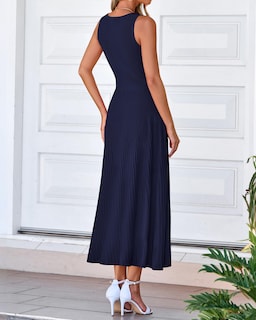 Foto 3 | Foto 3 | Vestido Btfbm Para Mujer, Midi, Ajustado A La Cintura, Punto Acanalado, Sin Mangas, Azul Marino - Venta Internacional.