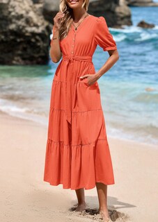 Foto 4 | Foto 4 | Vestido Midi Prettygarden Para Mujer, Verano 2025, Cuello En V, Naranja - Venta Internacional.