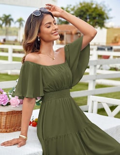 Foto 6 | Foto 6 | Vestido Largo Grace Karin Con Cuello Cuadrado Fruncido En A, Color Verde Militar - Venta Internacional.