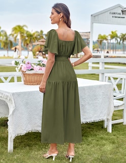 Foto 7 | Foto 7 | Vestido Largo Grace Karin Con Cuello Cuadrado Fruncido En A, Color Verde Militar - Venta Internacional.