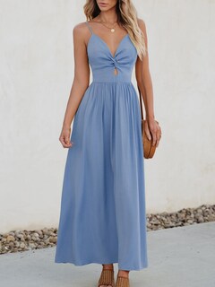 Foto 7 | Foto 7 | Vestido Largo Cupshe Con Cuello En V, Sin Mangas, Largo Y Retorcido, Rayón Azul - Venta Internacional.