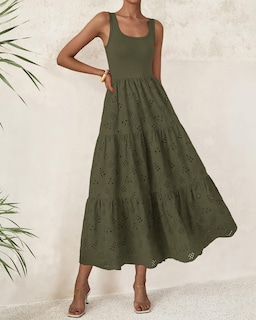 Foto 2 | Foto 2 | Vestido Midi Btfbm Para Mujer, Verano, Con Ojales, Sin Mangas, Verde Militar - Venta Internacional.