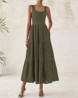 Foto 3 | Foto 3 | Vestido Midi Btfbm Para Mujer, Verano, Con Ojales, Sin Mangas, Verde Militar - Venta Internacional.