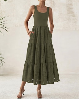 Foto 5 | Foto 5 | Vestido Midi Btfbm Para Mujer, Verano, Con Ojales, Sin Mangas, Verde Militar - Venta Internacional.