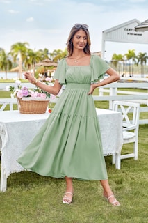 Foto 2 | Foto 2 | Vestido Grace Karin De Verano Con Mangas Con Volantes, Verde Fruncido, Para Mujer - Venta Internacional.