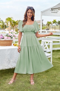 Foto 3 | Foto 3 | Vestido Grace Karin De Verano Con Mangas Con Volantes, Verde Fruncido, Para Mujer - Venta Internacional.