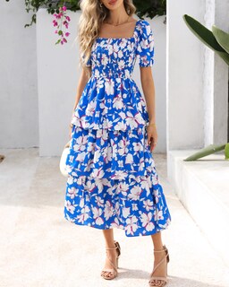 Foto 7 | Foto 7 | Vestido Casual Btfbm Para Mujer Con Cuello Cuadrado, Maxi Floral Fruncido - Venta Internacional.