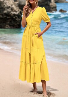 Foto 4 | Foto 4 | Vestido Midi Prettygarden 2025 Con Cuello En V Y Manga Corta Con Bolsillos - Venta Internacional.