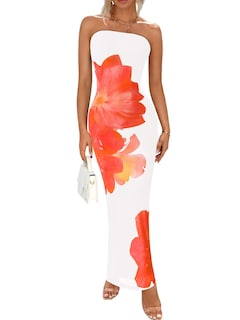 Foto 1 | Foto 1 | Vestido Largo Prettygarden Sin Tirantes Para Mujer, Estampado Floral, Blanco Y Naranja - Venta Internacional.