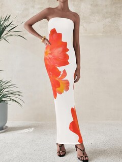 Foto 2 | Foto 2 | Vestido Largo Prettygarden Sin Tirantes Para Mujer, Estampado Floral, Blanco Y Naranja - Venta Internacional.