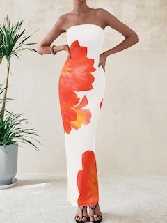 Foto 3 | Foto 3 | Vestido Largo Prettygarden Sin Tirantes Para Mujer, Estampado Floral, Blanco Y Naranja - Venta Internacional.