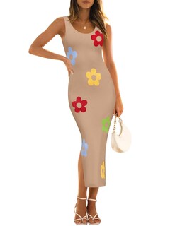 Foto 1 | Foto 1 | Vestido A Media Pierna De Punto Floral De Verano De Zesica Para Mujer, Color Caqui - Venta Internacional.