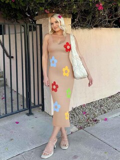 Foto 5 | Foto 5 | Vestido A Media Pierna De Punto Floral De Verano De Zesica Para Mujer, Color Caqui - Venta Internacional.