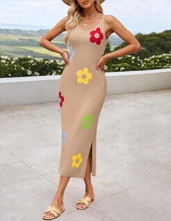 Foto 7 | Foto 7 | Vestido A Media Pierna De Punto Floral De Verano De Zesica Para Mujer, Color Caqui - Venta Internacional.