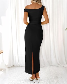 Foto 3 | Foto 3 | Vestido Largo Btfbm Para Mujer, Verano 2025, Con Un Solo Hombro, Fruncido, Negro - Venta Internacional.