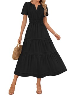 Foto 1 | Foto 1 | Vestido Midi Zesica, Casual De Verano, Cuello En V, Cintura Elástica, Negro - Venta Internacional.