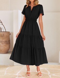 Foto 2 | Foto 2 | Vestido Midi Zesica, Casual De Verano, Cuello En V, Cintura Elástica, Negro - Venta Internacional.