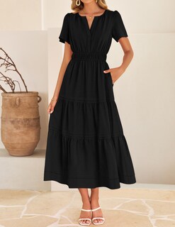 Foto 3 | Foto 3 | Vestido Midi Zesica, Casual De Verano, Cuello En V, Cintura Elástica, Negro - Venta Internacional.