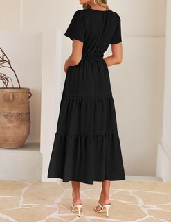 Foto 4 | Foto 4 | Vestido Midi Zesica, Casual De Verano, Cuello En V, Cintura Elástica, Negro - Venta Internacional.