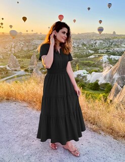 Foto 5 | Foto 5 | Vestido Midi Zesica, Casual De Verano, Cuello En V, Cintura Elástica, Negro - Venta Internacional.