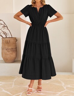 Foto 7 | Foto 7 | Vestido Midi Zesica, Casual De Verano, Cuello En V, Cintura Elástica, Negro - Venta Internacional.