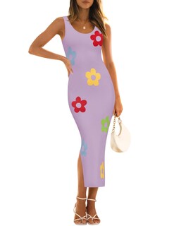 Foto 1 | Foto 1 | Vestido Ajustado Zesica De Punto Floral Para Mujer, De Punto Floral, A Media Pierna, Morado - Venta Internacional.