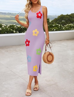 Foto 2 | Foto 2 | Vestido Ajustado Zesica De Punto Floral Para Mujer, De Punto Floral, A Media Pierna, Morado - Venta Internacional.