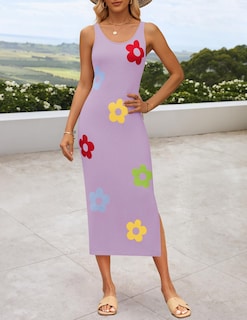 Foto 3 | Foto 3 | Vestido Ajustado Zesica De Punto Floral Para Mujer, De Punto Floral, A Media Pierna, Morado - Venta Internacional.