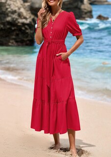 Foto 4 | Foto 4 | Vestido Midi Prettygarden Para Mujer, Verano 2025, Cuello En V Con Bolsillos - Venta Internacional.