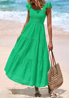 Foto 4 | Foto 4 | Vestido Largo Prettygarden Para Mujer, Cuello Cuadrado, Verde Fruncido, Xxl - Venta Internacional.