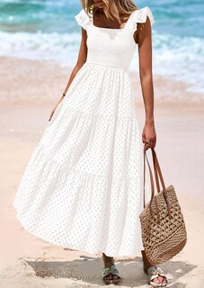 Foto 4 | Foto 4 | Vestido Largo Prettygarden Para Mujer Con Cuello Cuadrado Y Ojales, Color Blanco Xl - Venta Internacional.