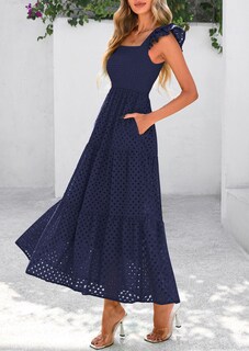 Foto 7 | Foto 7 | Vestido Largo Prettygarden De Algodón Azul Marino Con Cuello Cuadrado Para Mujer - Venta Internacional.