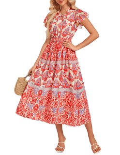 Foto 1 | Foto 1 | Vestido De Verano Grace Karin Con Cuello En V, Bohemio Fruncido, Rojo, S - Venta Internacional.
