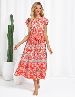Foto 2 | Foto 2 | Vestido De Verano Grace Karin Con Cuello En V, Bohemio Fruncido, Rojo, S - Venta Internacional.