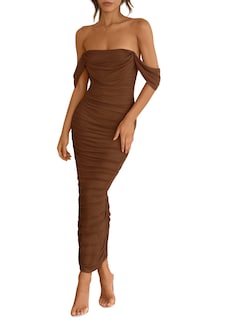 Foto 1 | Foto 1 | Vestido Prettygarden Para Mujer 2025, Verano, Hombros Descubiertos, Marrón - Venta Internacional.