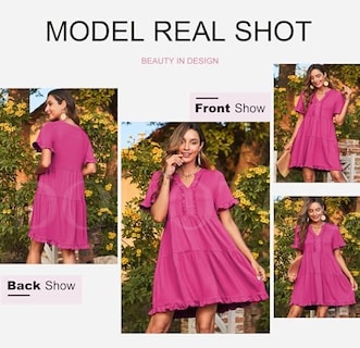 Foto 4 | Foto 4 | Vestido Dokotoo Primavera-verano Manga Corta Cuello En V Rosa Intenso S - Venta Internacional.