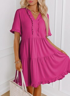 Foto 7 | Foto 7 | Vestido Dokotoo Primavera-verano Manga Corta Cuello En V Rosa Intenso S - Venta Internacional.