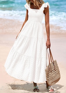 Foto 4 | Foto 4 | Vestido Largo Prettygarden, Cuello Cuadrado, Fruncido En Forma De A, Blanco - Venta Internacional.