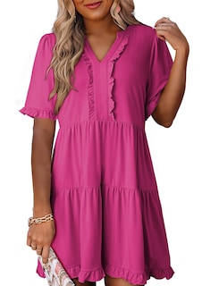 Foto 1 | Foto 1 | Vestido De Verano Dokotoo 2025 Con Cuello En V Y Manga Corta, Rosa Intenso, Xl - Venta Internacional.