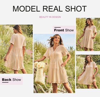 Foto 4 | Foto 4 | Vestido Casual Dokotoo Para Mujer, Cuello En V, Manga Corta, Línea A, Color Albaricoque - Venta Internacional.