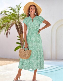 Foto 4 | Foto 4 | Vestido De Verano Grace Karin 2025 Con Cuello En V Y Volantes Fruncidos, Maxi Verde L - Venta Internacional.
