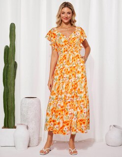 Foto 3 | Foto 3 | Vestido Largo Grace Karin Con Estampado Floral De Verano, Cuello En V Y Manga Con Volantes - Venta Internacional.