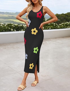 Foto 7 | Foto 7 | Vestido Ajustado De Verano Zesica, De Punto Floral, Midi, Negro, Negro, Para Mujer - Venta Internacional.