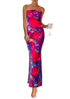 Foto 1 | Foto 1 | Vestido Largo Prettygarden Para Mujer, Ajustado Sin Tirantes, Rojo Marino - Venta Internacional.