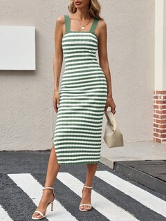 Foto 2 | Foto 2 | Vestido Midi Saodimallsu De Punto A Rayas Sin Mangas A-green Para Mujer - Venta Internacional.