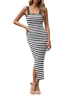 Foto 1 | Foto 1 | Vestido Midi Saodimallsu De Punto A Rayas Sin Mangas Para Mujer - Venta Internacional.