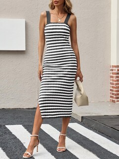 Foto 2 | Foto 2 | Vestido Midi Saodimallsu De Punto A Rayas Sin Mangas Para Mujer - Venta Internacional.