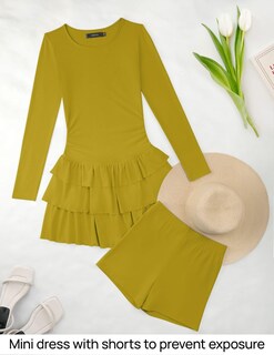 Foto 6 | Foto 6 | Minivestido Zesica De Manga Larga De Punto Acanalado Con Volantes Para Mujer - Venta Internacional.
