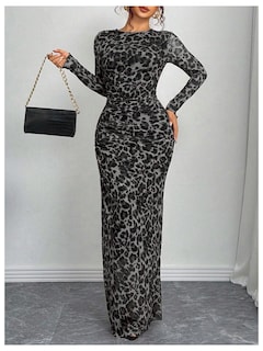 Foto 3 | Foto 3 | Vestido Largo Con Estampado De Guepardo Verdusa, Manga Larga, Gris, Para Mujer - Venta Internacional.