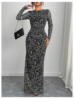 Foto 5 | Foto 5 | Vestido Largo Con Estampado De Guepardo Verdusa, Manga Larga, Gris, Para Mujer - Venta Internacional.